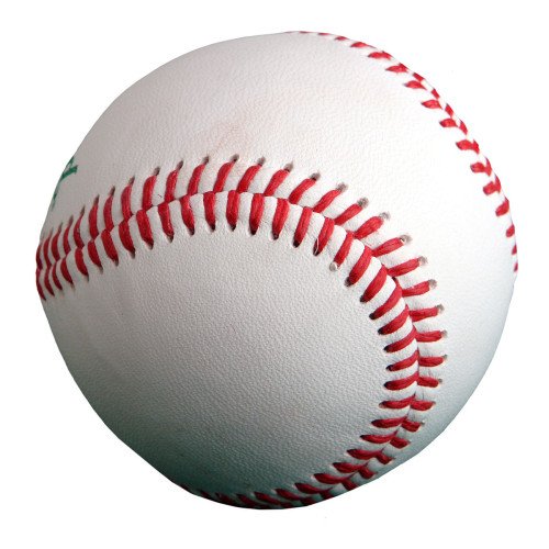 Baseball ball covered by synthetic leather.